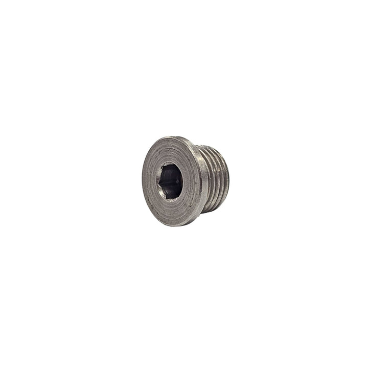 stainless O2 sensor bung plug M18 x 1.5 on a white background