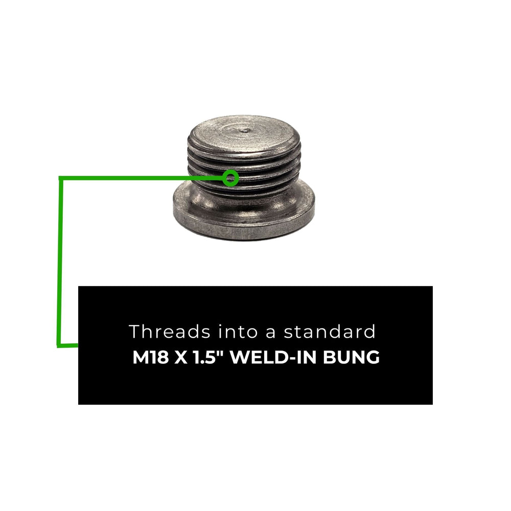 O2 sensor delete plug for exhaust systems
 with text indicating it threads into a standard M18 x 1.5" weld-in bung on a white background.