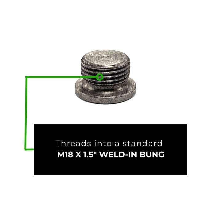O2 sensor delete plug for exhaust systems
 with text indicating it threads into a standard M18 x 1.5" weld-in bung on a white background.