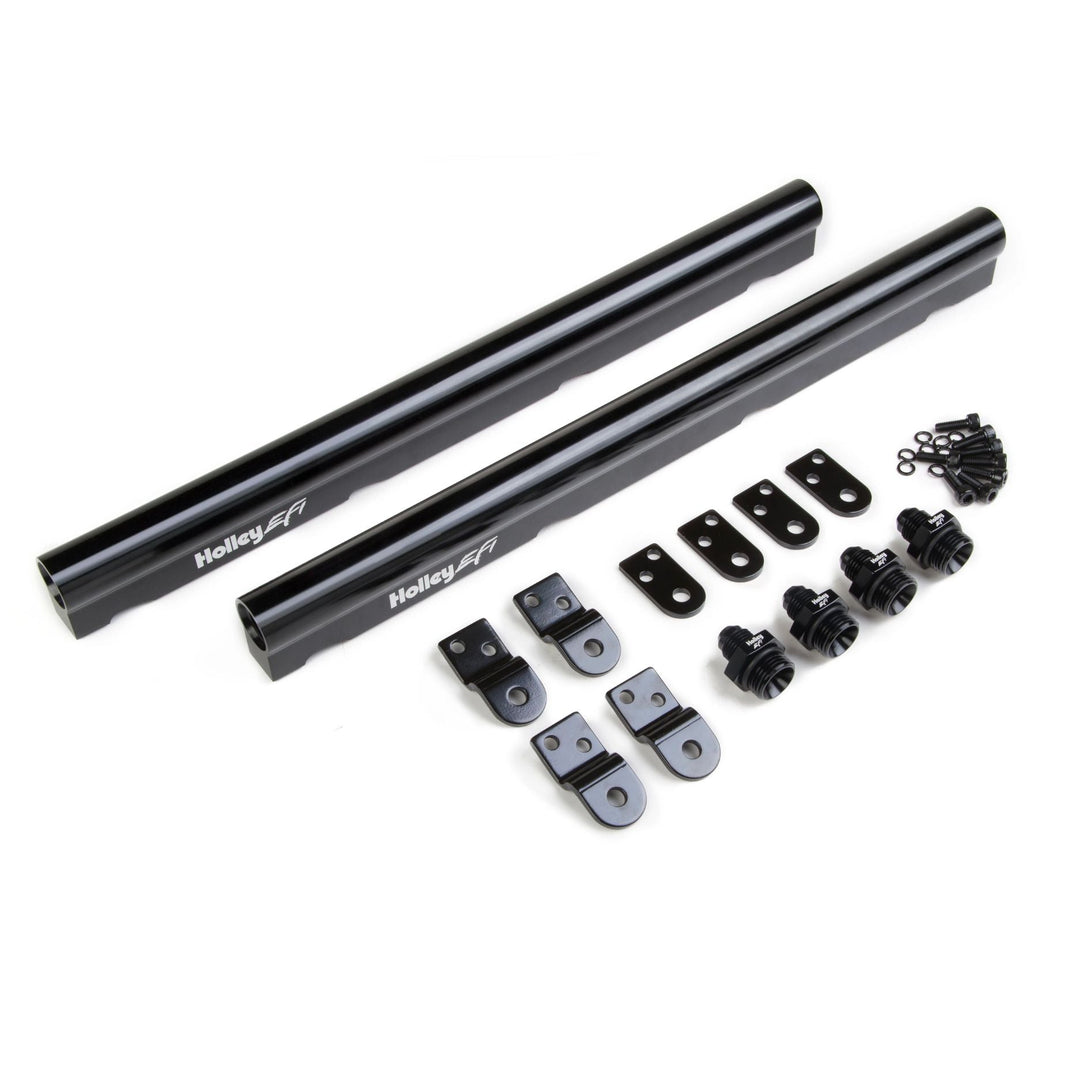 A pair of black metal Holley EFI high flow fuel rails for LS1 LS2 LS3 with various mounting brackets, clips, and small hardware pieces arranged neatly on a clean white background.