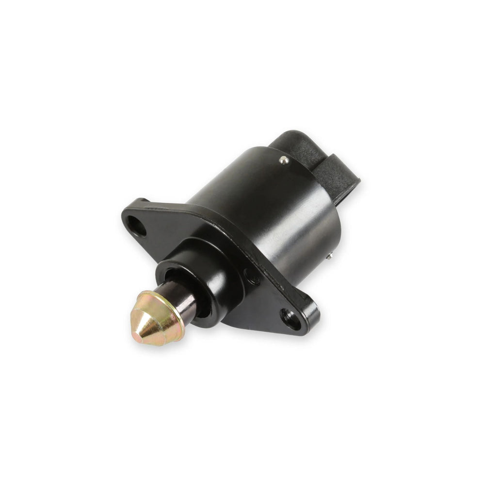 Black Holley Sniper EFI idle air control motor with a gold-colored nozzle on a white background