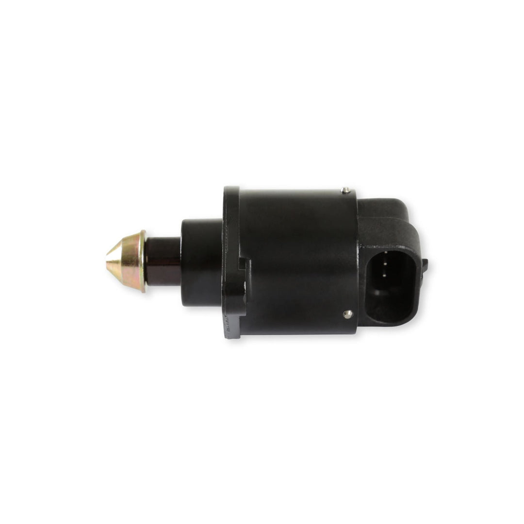 A black Chrysler style IAC motor for Holley EFI with a brass tip, shown against a plain white background.