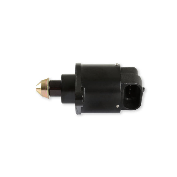 A black Chrysler style IAC motor for Holley EFI with a brass tip, shown against a plain white background.