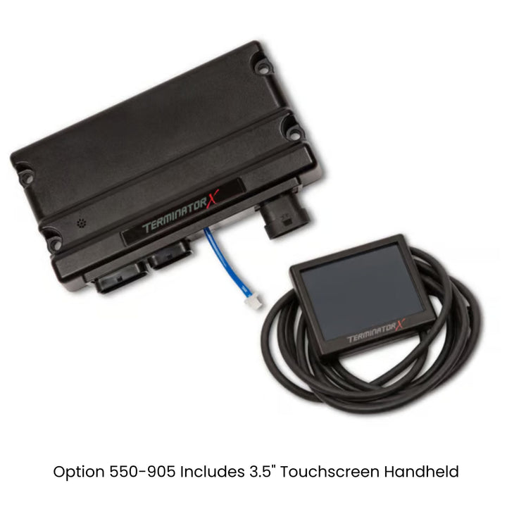 A black Holley 550-905 EFI System
Terminator X electronic control module with a blue wire connector shown next to a black coiled cable and handheld touchscreen display on a white background, with text at the bottom reading &