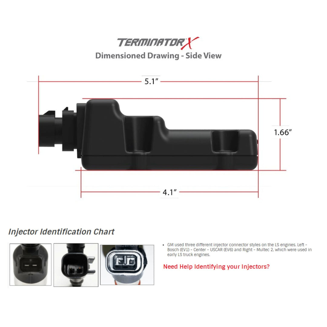 A black Gen IV LS standalone ECU
shown in a dimensioned side-view drawing with measurements 5.1 inches, 1.