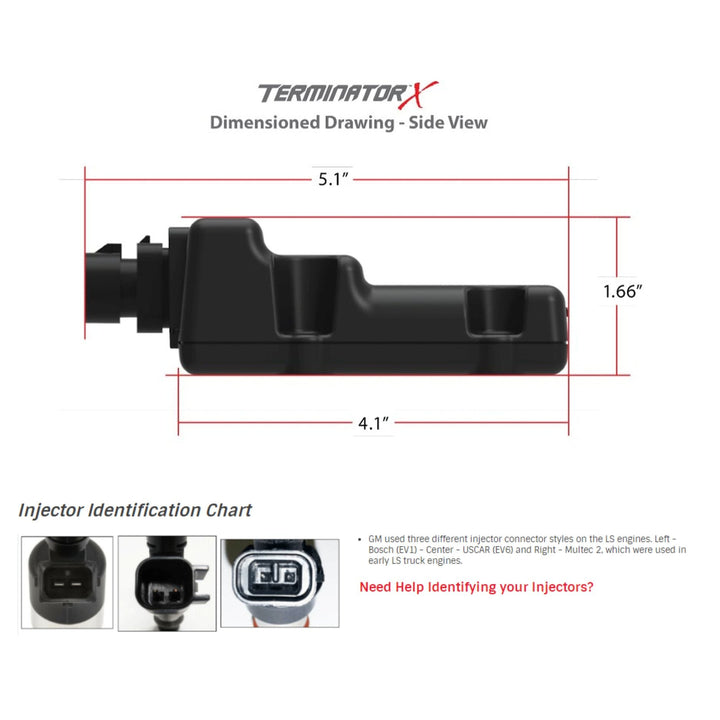 A black Gen IV LS standalone ECU
shown in a dimensioned side-view drawing with measurements 5.1 inches, 1.