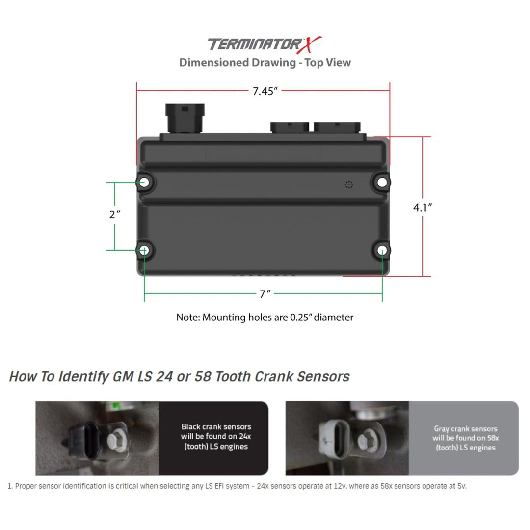 A technical dimension drawing and identification guide for Terminator X GM LS 24 or LS 58 tooth crank sensors, showing a top view of a black rectangular sensor housing with measurements and small inset photos of sensor locations.