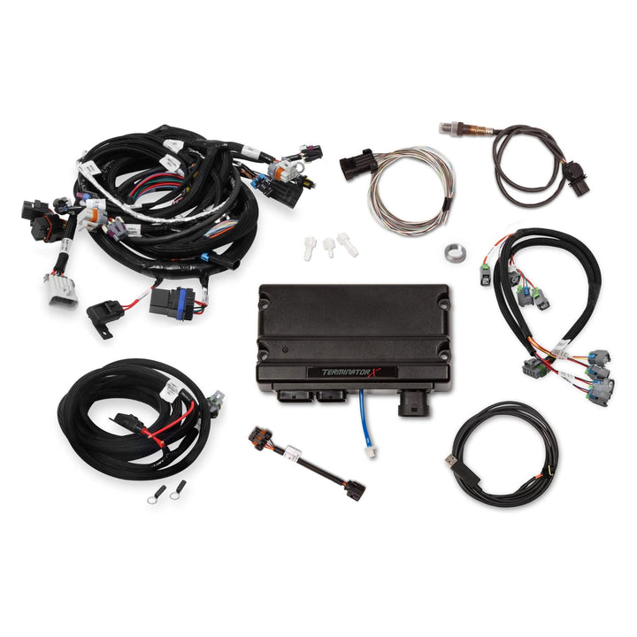 Holley Terminator X LS EFI Kit with various connectors and components on a white background