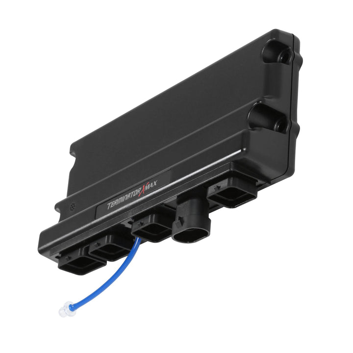 A black Holley 550-918 Terminator X Max electronic control module with multiple connector ports and a blue wire, shown on a plain white background.