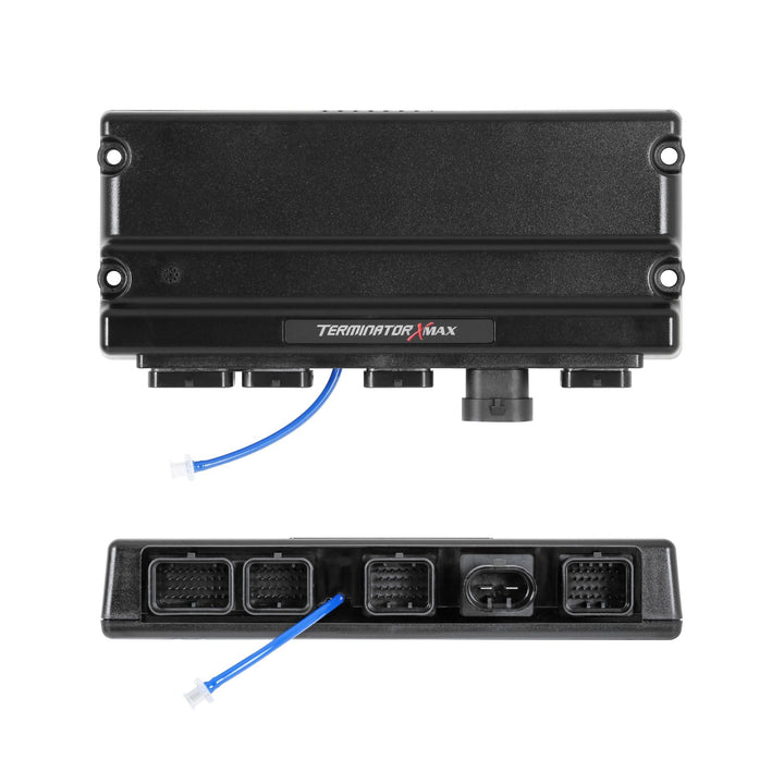 Black Terminator X MAX electronic control module shown from the front and back on a white background, with a blue connector wire visible.