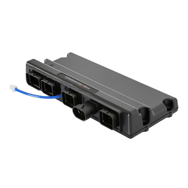 A black Holley LS 4L60E 4L80E transmission control with multiple electrical connectors and a blue wire, shown on a plain white background.