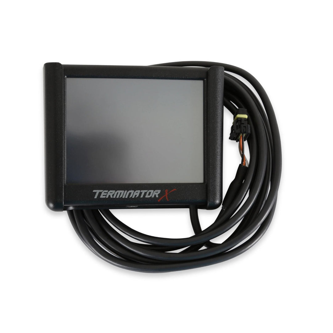 A black Holley Terminator X handheld controller with a screen, labeled &