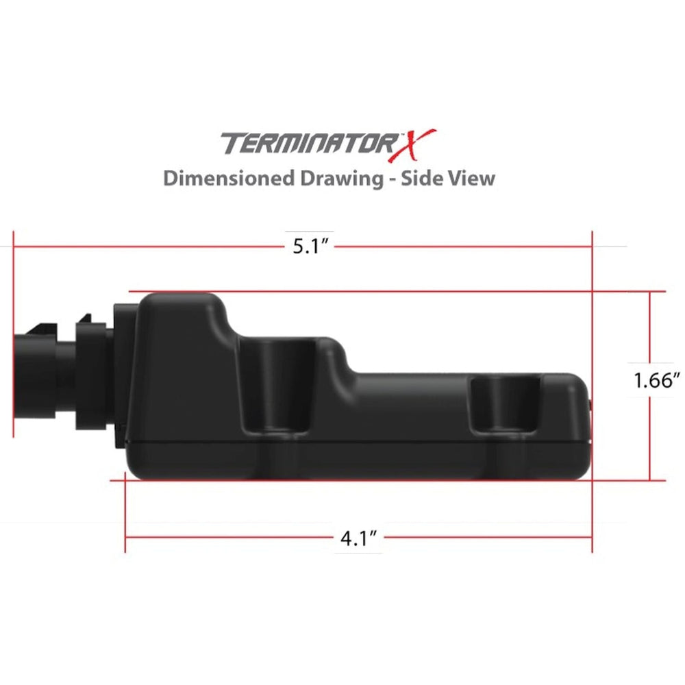 A black side-view dimensioned drawing of a replacement Terminator X ECU
 with red measurement lines and labels showing 5.1 inches, 4.