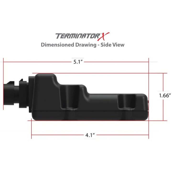 A black side-view dimensioned drawing of a replacement Terminator X ECU
 with red measurement lines and labels showing 5.1 inches, 4.