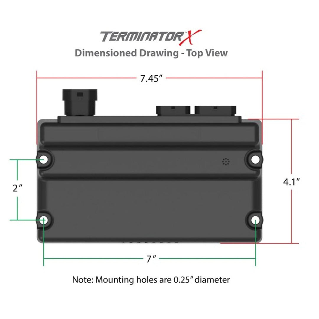 Holley EFI standalone service controller dimensioned drawing top view of a black electronic control box with mounting hole details and measurements on a white background.