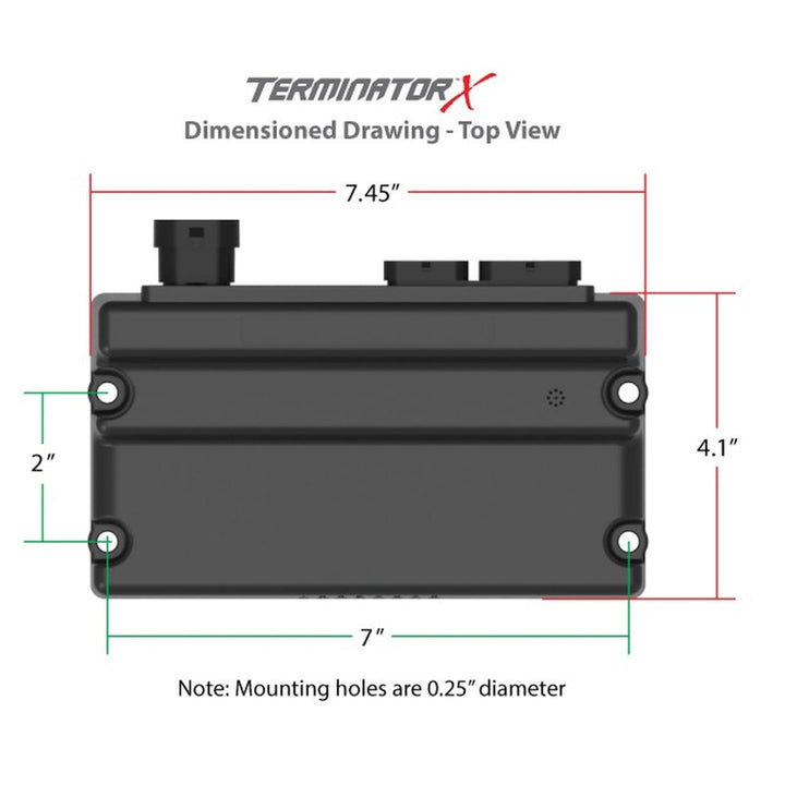 Holley EFI standalone service controller dimensioned drawing top view of a black electronic control box with mounting hole details and measurements on a white background.
