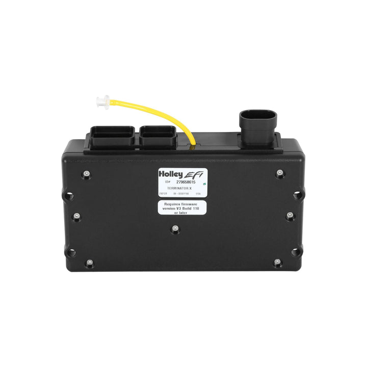 Holley ECU for Terminator X harness with yellow wire on a white background