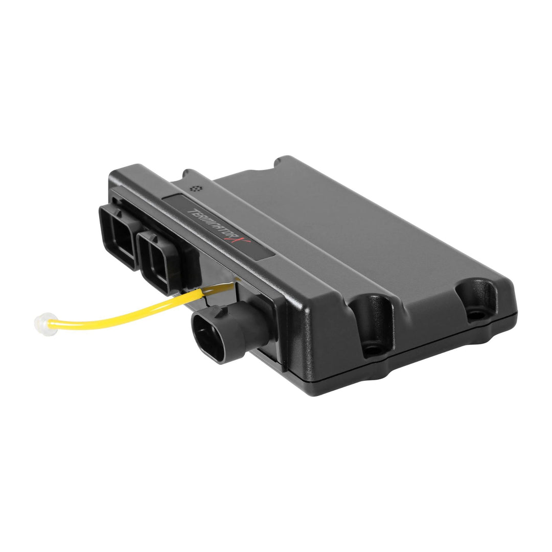 Black Terminator X ECU harness with yellow wire on a white background
