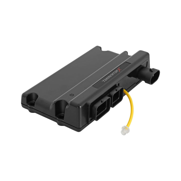 Black replacement Terminator X ECU with a yellow cable on a white background