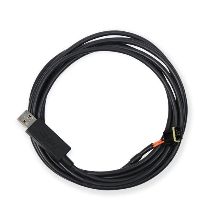 A coiled black Holley EFI CAN to USB cable with a USB-A connector on one end and a small multi-pin connector with orange and black wires on the other, shown on a white background.