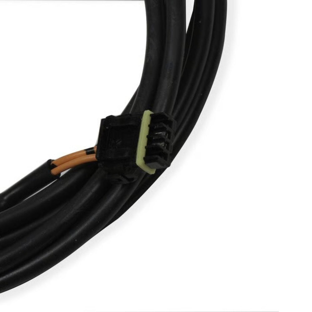 A close-up of a Holley Terminator X laptop tuning cable with a black connector housing and a light green insulator, showing two exposed copper wires, on a white background.