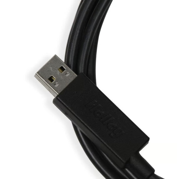 A close-up of a black Holley Sniper EFI USB communication cable with a silver USB-A plug, showing the embossed brand name &