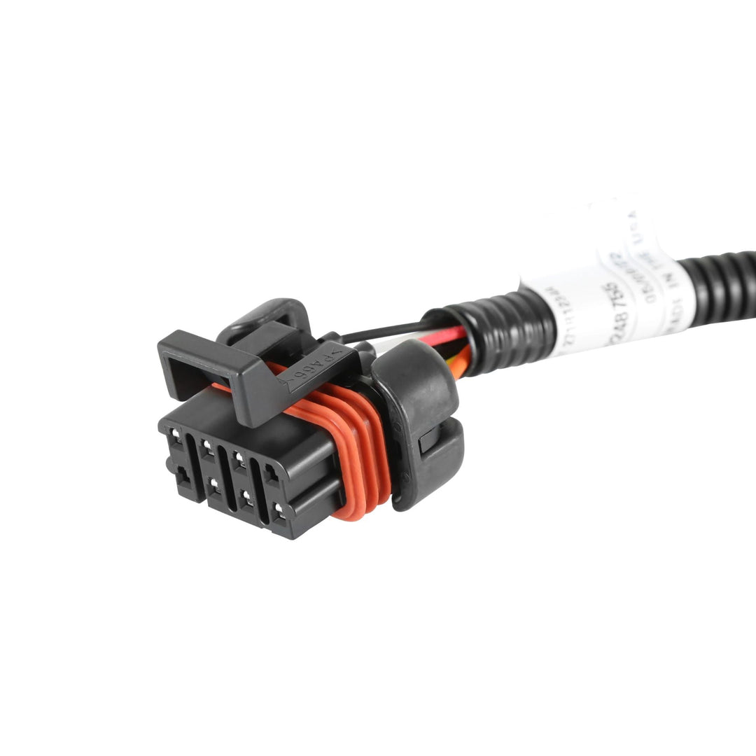 A black multi-pinHolley Terminator X Max replacement harness with orange internal wire shielding and a black corrugated cable, shown on a plain white background.