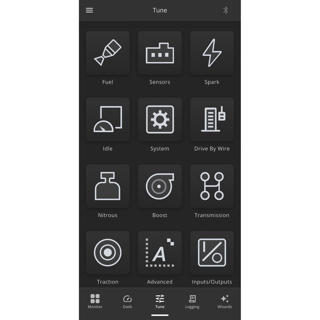 A Holley EFI Bluetooth interface screenshot showing a grid of control icons labeled Fuel, Sensors, Spark, Idle, System, Drive By Wire, Nitrous, Boost, Transmission, Traction, Advanced, Inputs/Outputs, with a bottom navigation bar.