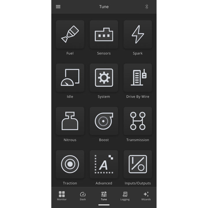 A Holley EFI Bluetooth interface screenshot showing a grid of control icons labeled Fuel, Sensors, Spark, Idle, System, Drive By Wire, Nitrous, Boost, Transmission, Traction, Advanced, Inputs/Outputs, with a bottom navigation bar.
