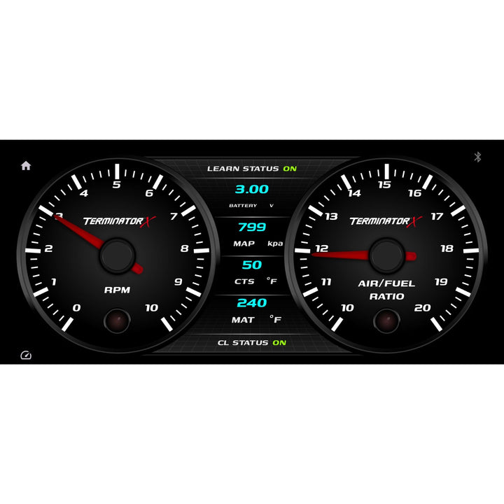 A Holley EFI Bluetooth digital display featuring two large black gauges labeled TERMINATOR RPM and AIR/FUEL RATIO, with a central illuminated status screen showing battery, MAP, CTS, and MAT readings.