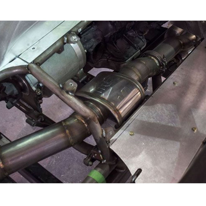 Close-up of a car exhaust system with 5x8 high performance muffler for LS exhaust