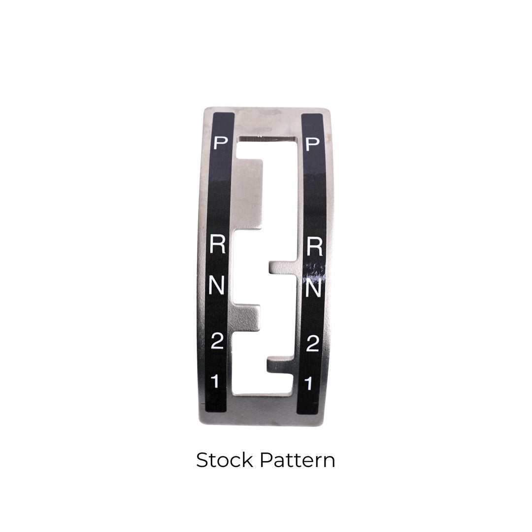 Winters shifter gate plate for Powerglide transmission with 'P', 'R', 'N', 'E' and numbers '2' and '1' on a white background.