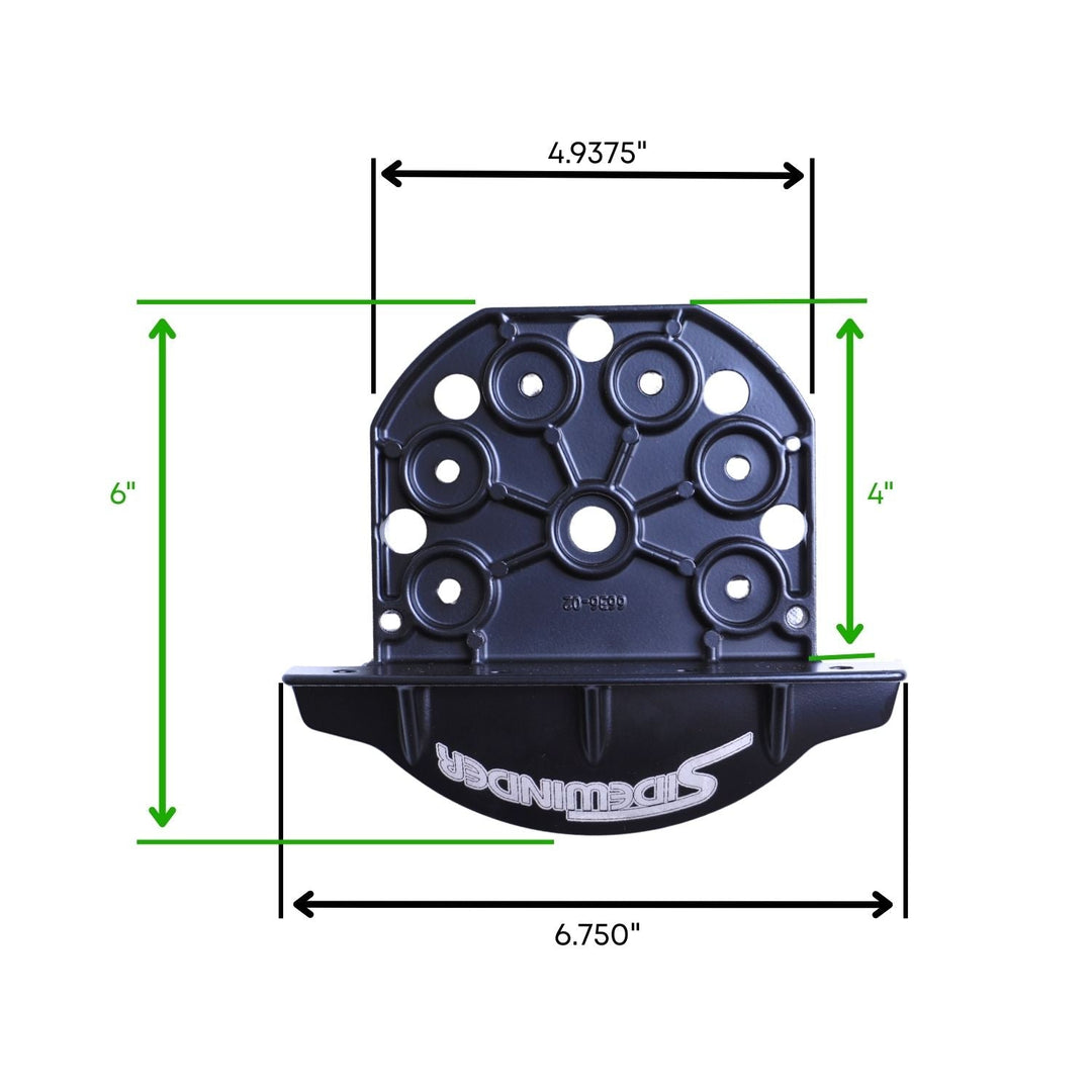 Black winters side mount plate with dimensions labeled on a white background