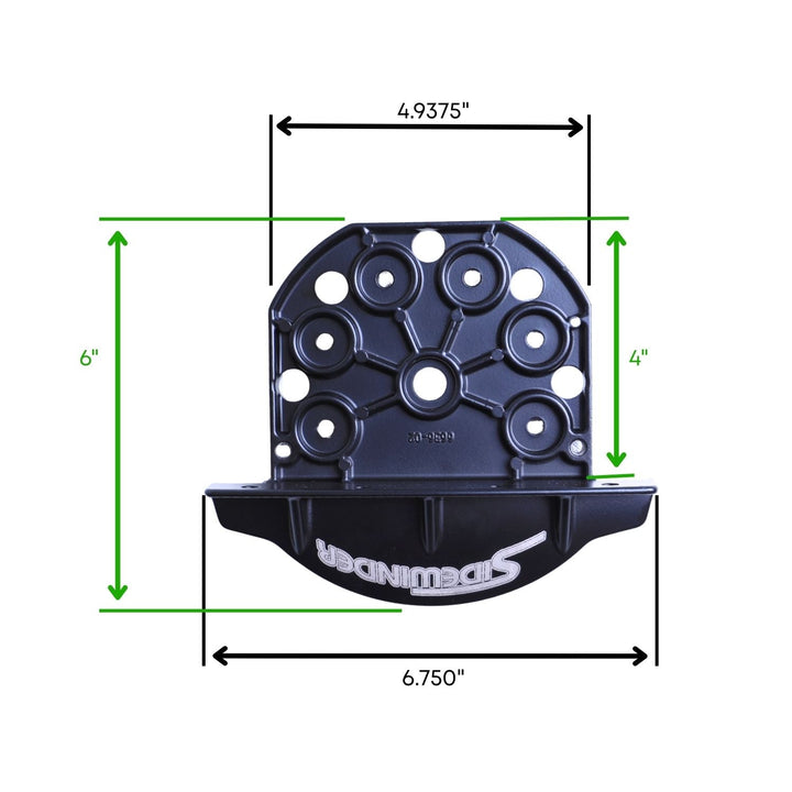 Black winters side mount plate with dimensions labeled on a white background