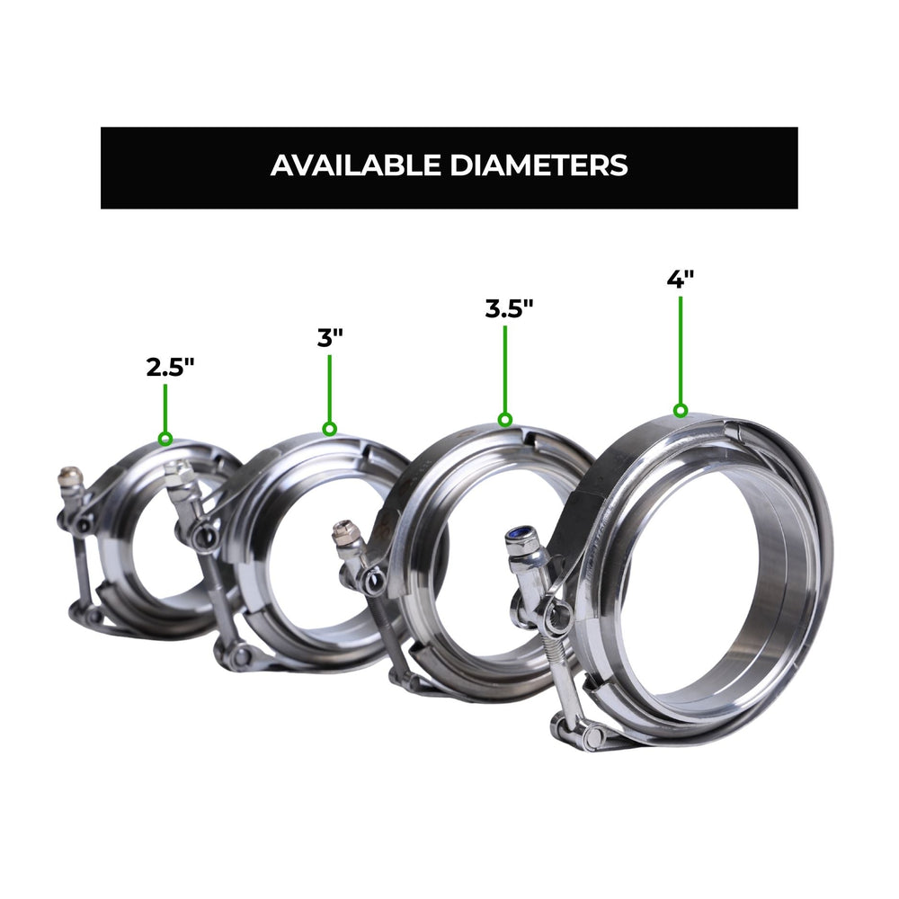 stainless steel v band flanges with labeled available diameters 2.5", 3", 3.5" and 4" on a white background