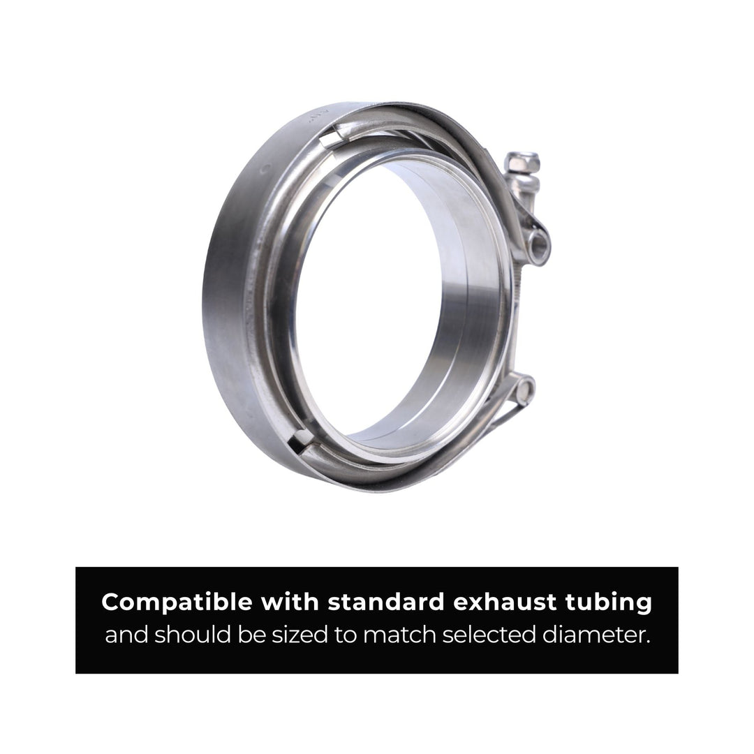 Metal 4 inch turbo exhaust v band kit on a white background with text indicating compatibility.