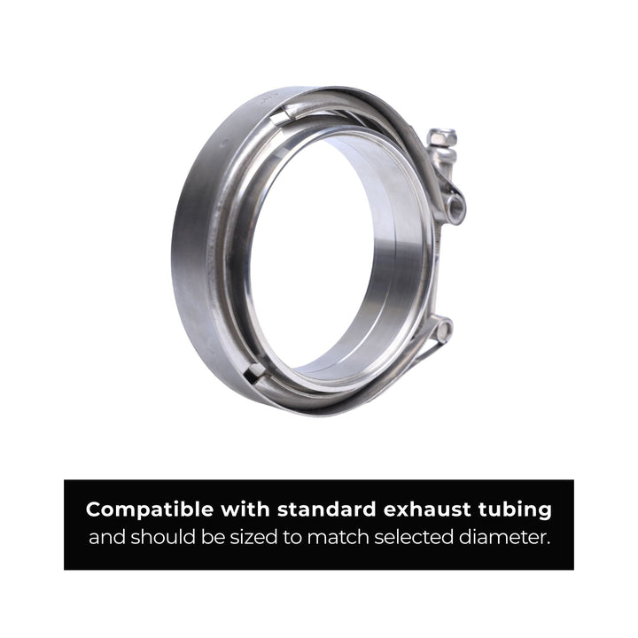 Metal 4 inch turbo exhaust v band kit on a white background with text indicating compatibility.