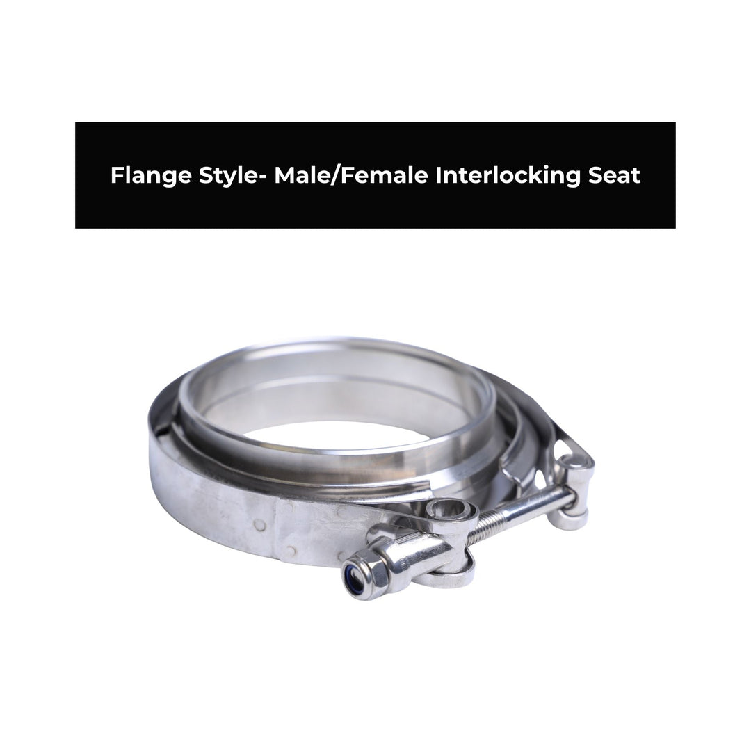 male female interlocking v band exhaust clamp with interlocking seat on a white background