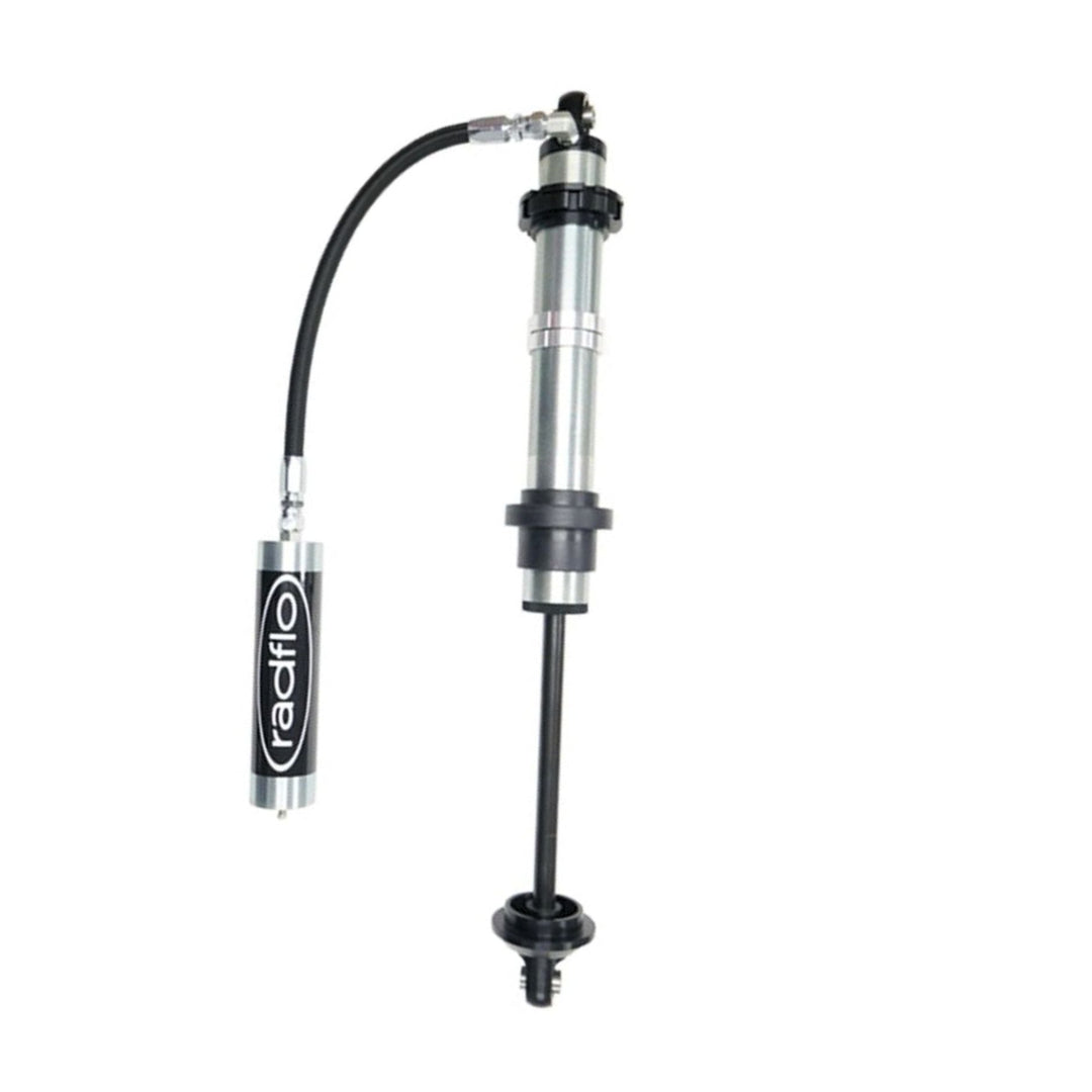 short body 2.5 coilover shock with 90 degree reservoir fittings with a visible Radflo logo on a white background