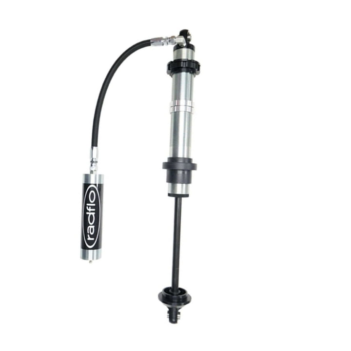 short body 2.5 coilover shock with 90 degree reservoir fittings with a visible Radflo logo on a white background