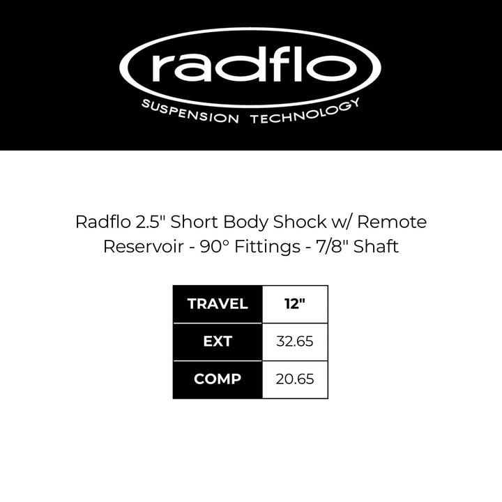 Radflo 2.5 short body coilover with remote reservoir 7/8 shaft with travel specifications on a white background