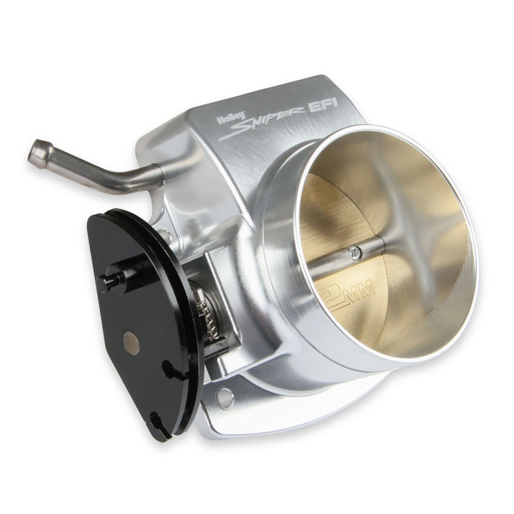 A silver aluminum Holley Sniper EFI cable operated 92mm LS throttle body with a black throttle plate and a brass intake manifold, shown on a white background.
