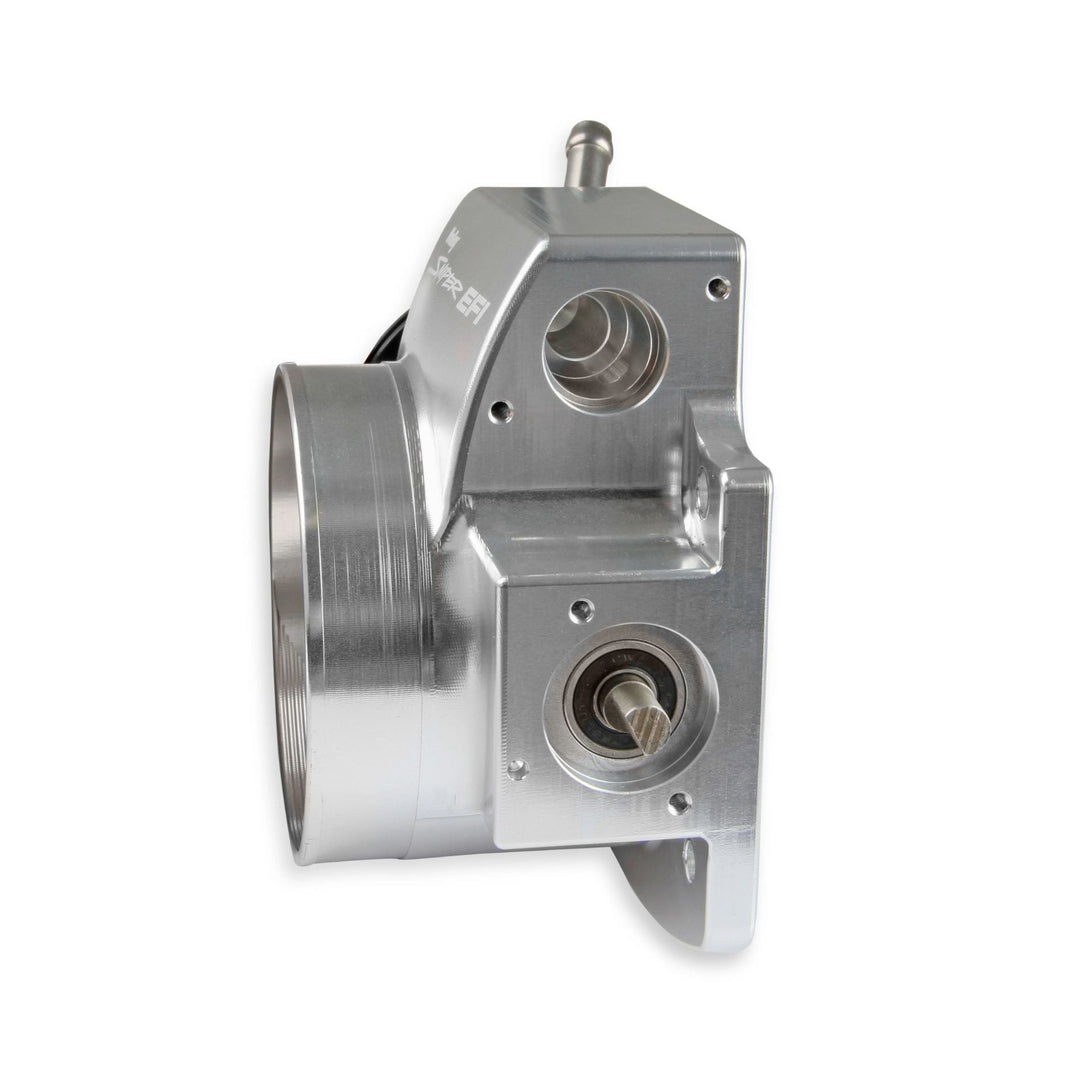A billet throttle body for GM LS and LT engines, featuring two circular openings and a small protruding pin, photographed on a plain white background.