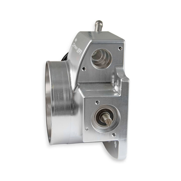 A billet throttle body for GM LS and LT engines, featuring two circular openings and a small protruding pin, photographed on a plain white background.