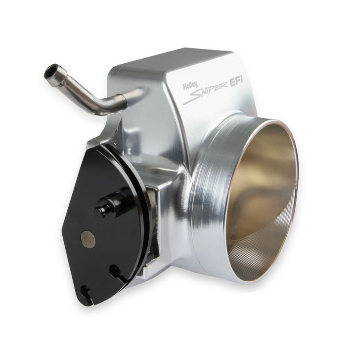 A silver aluminum i92mm throttle body for GM LS swap with a black throttle body cover and a metal elbow pipe, branded &