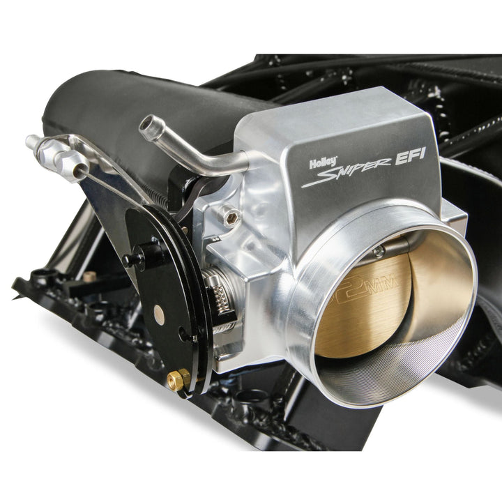 Holley Sniper EFI throttle body assembly with a polished silver metal body, black intake components, and a gold-toned throttle plate, shown on a white background.