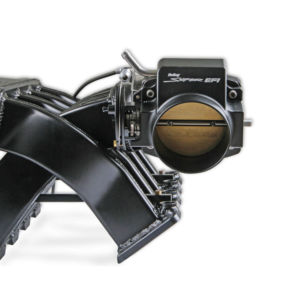 A black Holley Sniper EFI with a visible butterfly valve, shown on a clean white background.