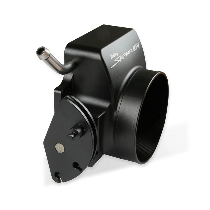 A 92mm throttle body for LS swap
 with a silver metal hose connection, featuring the text &