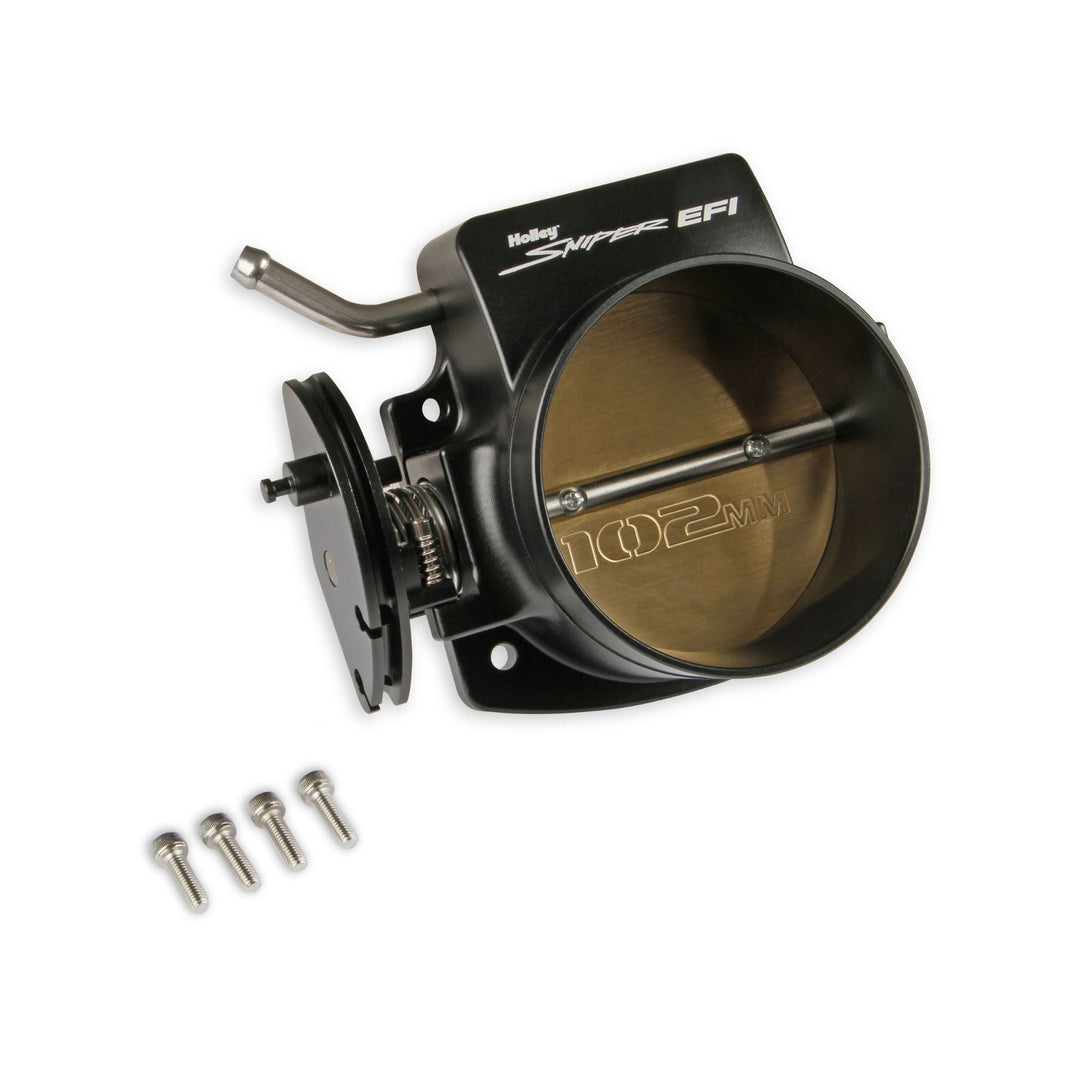 Holley Sniper EFI 102MM throttle body assembly with a black metal body, brass butterfly, and four mounting screws on a white background.