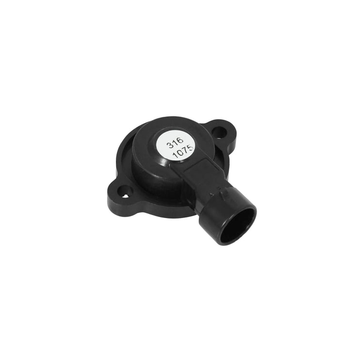 Black LS throttle position sensor replacement with a white label on a white background